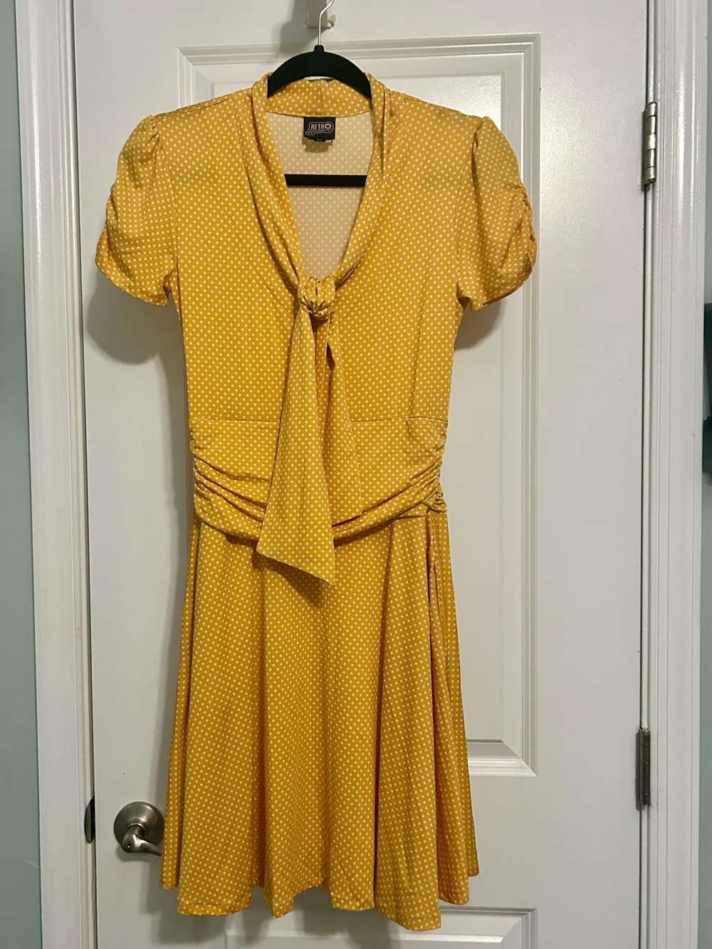 Retrolicious Yellow Polka Dot Tie-Neck Midi Dress